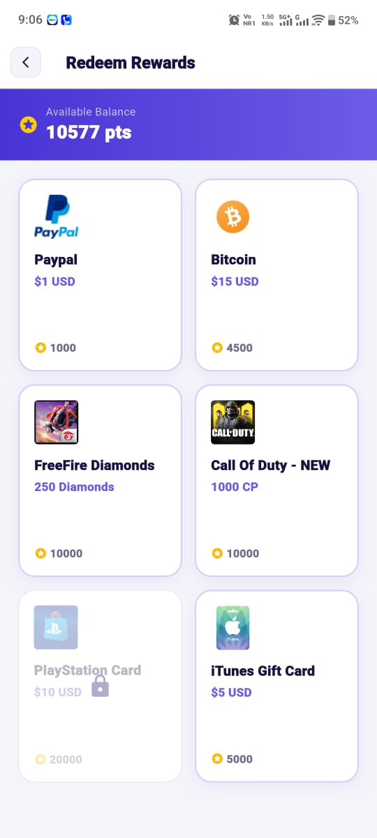 Pocket Flutter app — redeem rewards screen with PayPal, Bitcoin, and gift cards